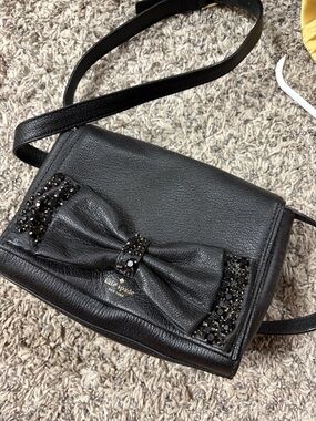 kate spade Black Leather Bow Crossbody with Crystal Accents